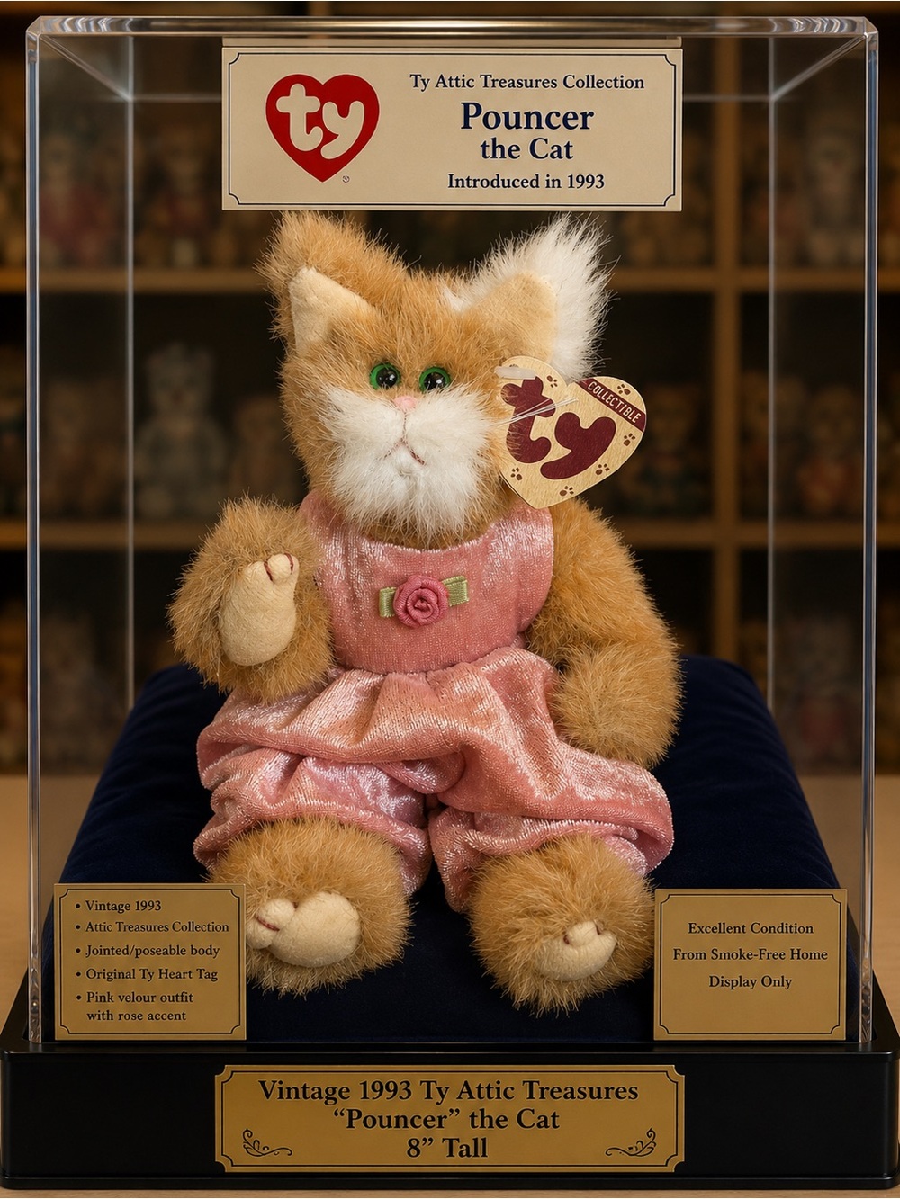 Ty Attic Treasures “Pouncer” The Cat in Pink Velour Outfit with Green Eyes